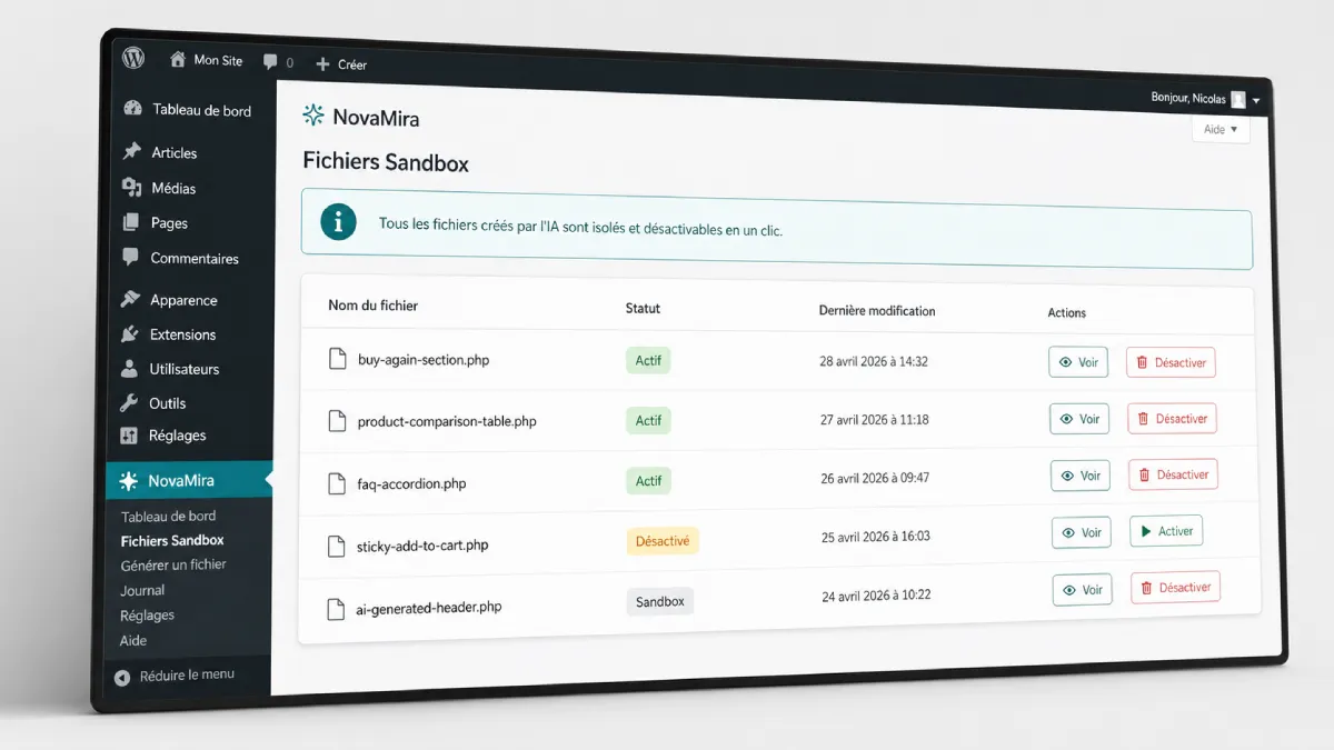 Tableau de bord du sandbox NovaMira affichant la liste des fichiers PHP générés par l'IA dans WordPress