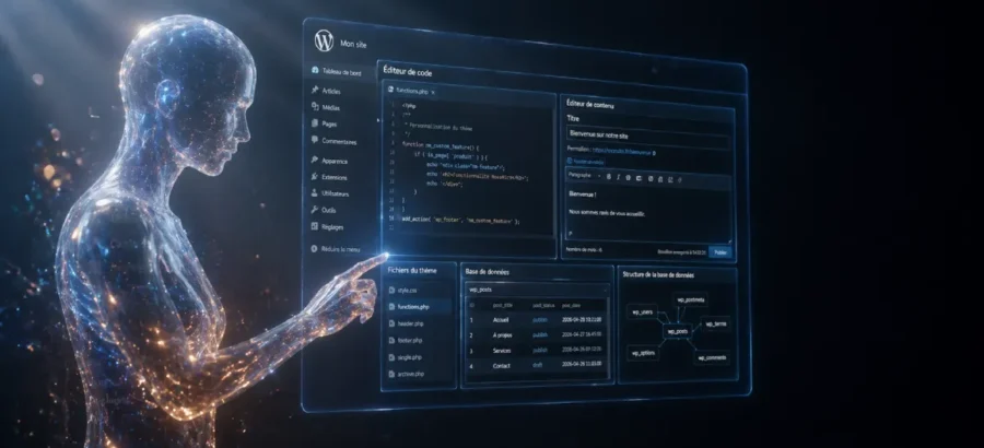 Agent IA Claude connecté à WordPress via le plugin MCP NovaMira, visualisation conceptuelle du protocole